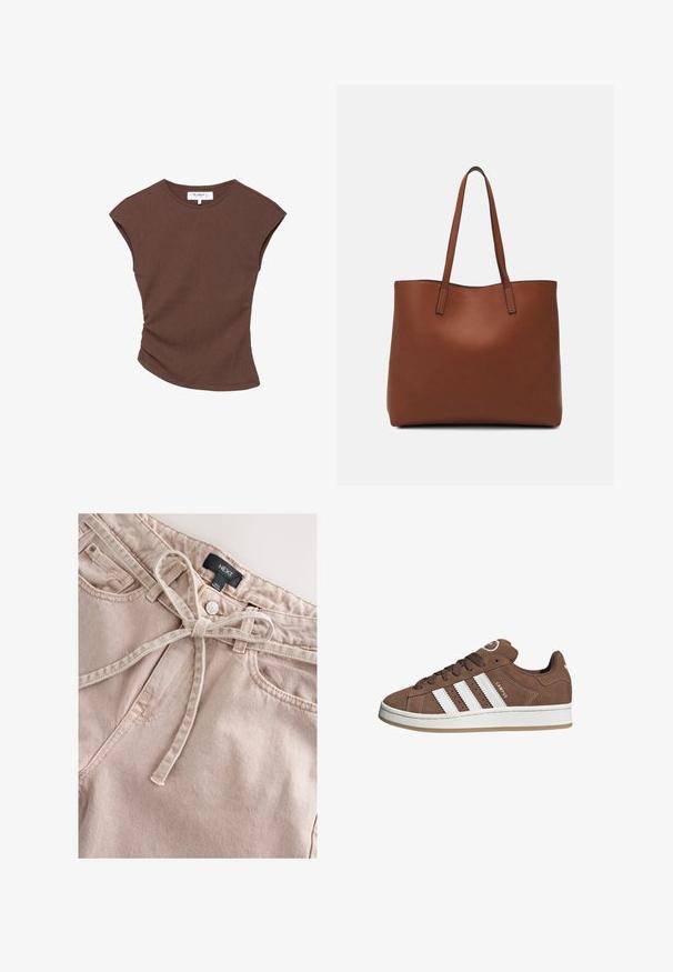 Hnedý rebrovaný top s krátkym rukávom a mierne zakriveným lemom. Mäkkučký materiál a voľný strih, s okrúhlym výstrihom a minimálnymi švami.; Svetloružové rifľové nohavice s opasokovým pásom na zaväzovanie, vybavené predným gombíkom, opaskovými očkami a dvoma prednými vreckami, zobrazujúce textúrovanú tkaninu.; Hnedé semišové tenisky s bielymi koženými pruhmi, gumovou podrážkou, okrúhlou špičkou a šnurovaním. Obsahujú logo na jazyku a perforované akcenty.; Hnedá kožená taška na rameno s hladkou textúrou, otvoreným vrchom a dvoma ramenými popruhmi. Má minimálne šitia a žiadne viditeľné kovania.