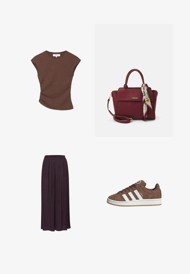 Hnědý žebrovaný top s krátkým rukávem a mírně zakřiveným spodním okrajem. Měkká textura a volný střih, který zahrnuje kulatý výstřih a minimální švy.; Široké kalhoty vyrobené z lehkého, tmavě fialového materiálu. Mají elastický pas a splývavý design s hladkou texturou.; Hnědé semišové tenisky s bílými koženými pruhy, gumovou podrážkou, kulatou špičkou a šněrováním vpředu. Mají logo na jazyku a perforované detaily.; Burgundská kabelka vyrobená z umělého materiálu se strukturovaným designem, která má odnímatelný popruh a kroužek, na kterém je uvázaný šátek s květinovým vzorem.