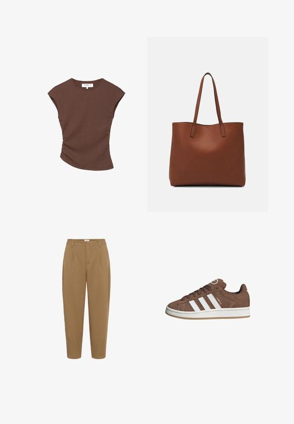 Brązowa krótką rękawą bluzka z prążkowanej tkaniny, z lekko zakrzywionym dołem. Miękka tekstura i luźny krój, z okrągłym dekoltem i minimalną ilością szwów.; Kaffe MERLE jasny brąz; Brązowe zamszowe sneakersy z białymi skórzanymi paskami, gumową podeszwą, zaokrąglonym noskiem i sznurowanym przodem. Posiadają logo na języku i perforowane akcenty.; Brązowa skórzana torba tote o gładkiej fakturze, z otwartym wierzchem i dwoma ramiączkami. Charakteryzuje się minimalnym przeszyciem i brakiem widocznych elementów metalowych.