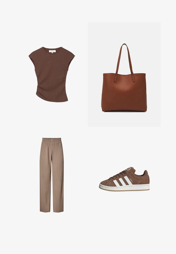 Top corto a maniche corte marrone a coste con orlo leggermente curvato. Texture morbida e vestibilità rilassata, presenta un collo rotondo e cuciture minime.; Pantaloni a gamba larga plissettati in un tessuto marrone chiaro con elastico in vita, caratterizzati da strisce verticali per un tocco di texture e design.; Sneakers in suede marrone con strisce in pelle bianca, suola in gomma, punta rotonda e lacci. Presentano un logo sulla linguetta e dettagli perforati.; Borsa tote in pelle marrone con texture liscia, design con apertura superiore e due spallacci. Presenta cuciture minime e nessun hardware visibile.