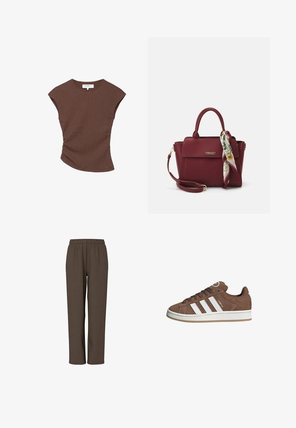Brun ribbad kortärmad topp med en lätt rundad nederkant. Mjuk textur och avslappnad passform, med rund halsringning och minimala sömmar.; Bruna, elastiska midjebyxor i mjukt tyg, med rak bendesign och utan synliga fickor eller detaljer.; Bruna mockaskor med vita läderremsor, gummisula, rund tå och snörning framtill. Har en logotyp på tungan och perforerade detaljer.; Burgundy handväska i syntetmaterial med en strukturerad design, som har ett avtagbart band och en scarf med blommönster knuten vid handtaget.