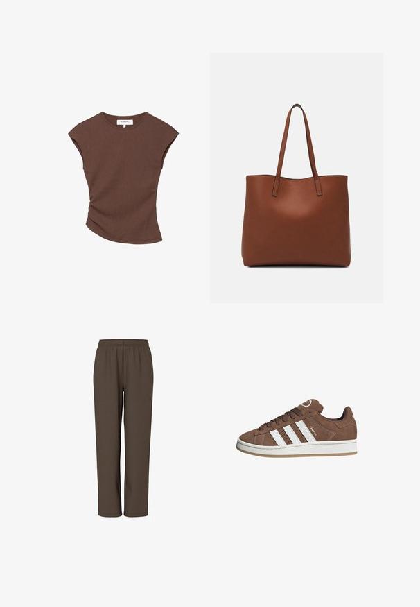 Bruine geribbelde t-shirt met korte mouwen en een licht gebogen zoom. Zachte textuur en een relaxte pasvorm, met een ronde halslijn en minimale naden.; Bruine, elastische broek met een zachte stof, met een recht model en zonder zichtbare zakken of details.; Bruine suède sneaker met witte leren strepen, rubberen zool, ronde neus en vetersluiting. Kenmerkt zich door een logo op de tong en geperforeerde accenten.; Bruine leren tote bag met een gladde textuur, een ontwerp met een open bovenkant en twee schouderbanden. Kenmerkt zich door minimale stiksels en geen zichtbare hardware.