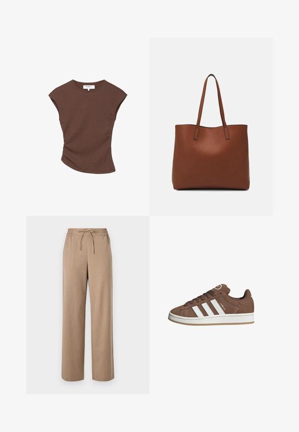 Haut court à manches courtes de couleur marron avec un ourlet légèrement arrondi. Texture douce et coupe décontractée, présentant un col rond et des coutures minimales.; Pantalons larges beige en tissu texturé, avec une taille élastique et un détail de lien, ornés de subtiles rayures verticales.; Baskets en daim marron avec des bandes en cuir blanc, semelle en caoutchouc, bout arrondi et lacets. Comprend un logo sur la languette et des accents perforés.; Sac fourre-tout en cuir marron avec une texture lisse, design à ouverture supérieure et deux poignées pour le porter à l'épaule. Présente des coutures minimales et aucun matériel visible.