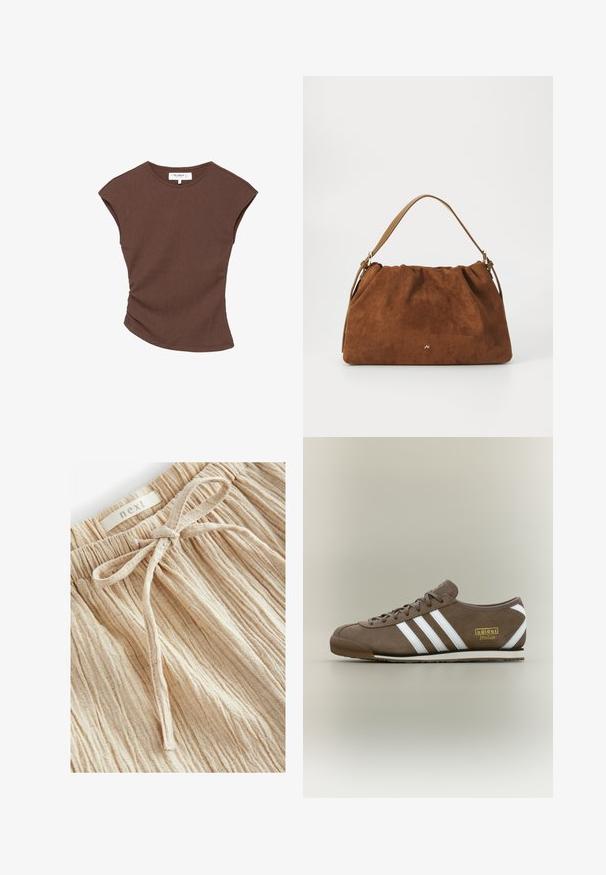 Haut court à manches courtes de couleur marron avec un ourlet légèrement arrondi. Texture douce et coupe décontractée, présentant un col rond et des coutures minimales.; Shorts beige texturés avec une taille froncée et un détail de lien à l'avant, fabriqués en tissu léger avec de fines lignes verticales.; Baskets en daim marron avec trois bandes blanches, semelle en caoutchouc plate, bout rond, et logo doré "adidas Italia" sur le côté.; Sac à main en daim marron avec un design plissé, arborant une seule sangle en cuir beige et un discret logo doré à l'avant.
