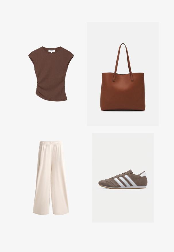 Smeđi rebrasti top kratkih rukava s lagano zakrivljenim rubom. Mekana tekstura i opušteni kroj, s okruglim izrezom i minimalnim šavovima.; Široke kremaste hlače s elastičnim pojasom, napravljene od glatkog materijala, s opuštenim krojem bez vidljivih džepova ili ukrasa.; Smeđi zamakani sportski tenisice s bijelim prugama, okrugli vrh, vezanje, i potplat od gumene smole. Teksture gornjeg dijela s detaljima šivanja.; Smeđa kožna torba preko ramena s glatkom teksturom, otvorenim vrhom i dvjema naramenicama. Ima minimalne šavove i nema vidljivog hardvera.