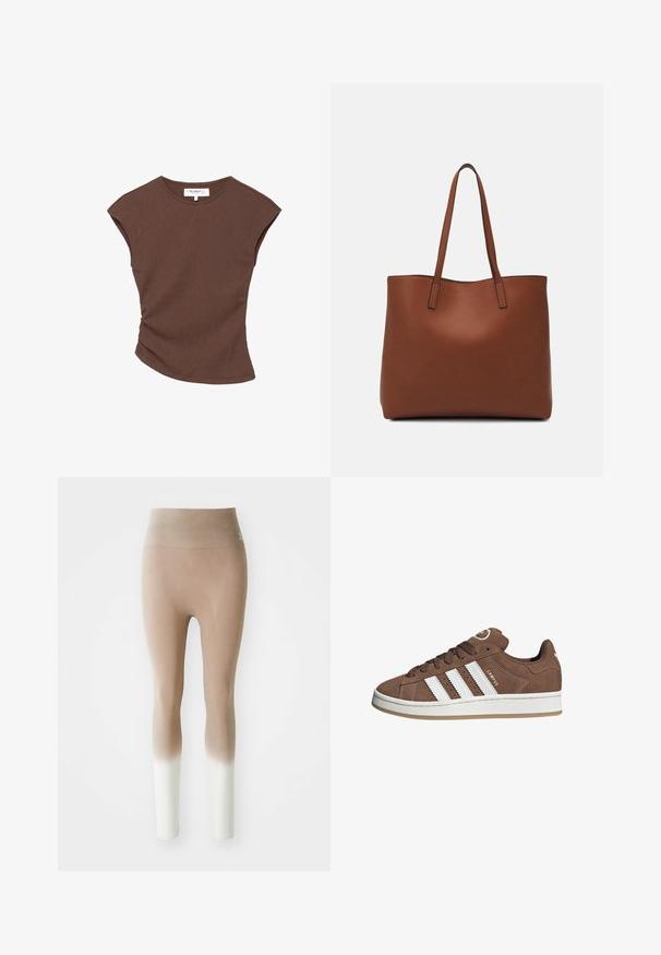 Top corto a maniche corte marrone a coste con orlo leggermente curvato. Texture morbida e vestibilità rilassata, presenta un collo rotondo e cuciture minime.; Leggings seamless in ombre beige a bianco con vita alta, presentati su uno sfondo bianco semplice.; Sneakers in suede marrone con strisce in pelle bianca, suola in gomma, punta rotonda e lacci. Presentano un logo sulla linguetta e dettagli perforati.; Borsa tote in pelle marrone con texture liscia, design con apertura superiore e due spallacci. Presenta cuciture minime e nessun hardware visibile.