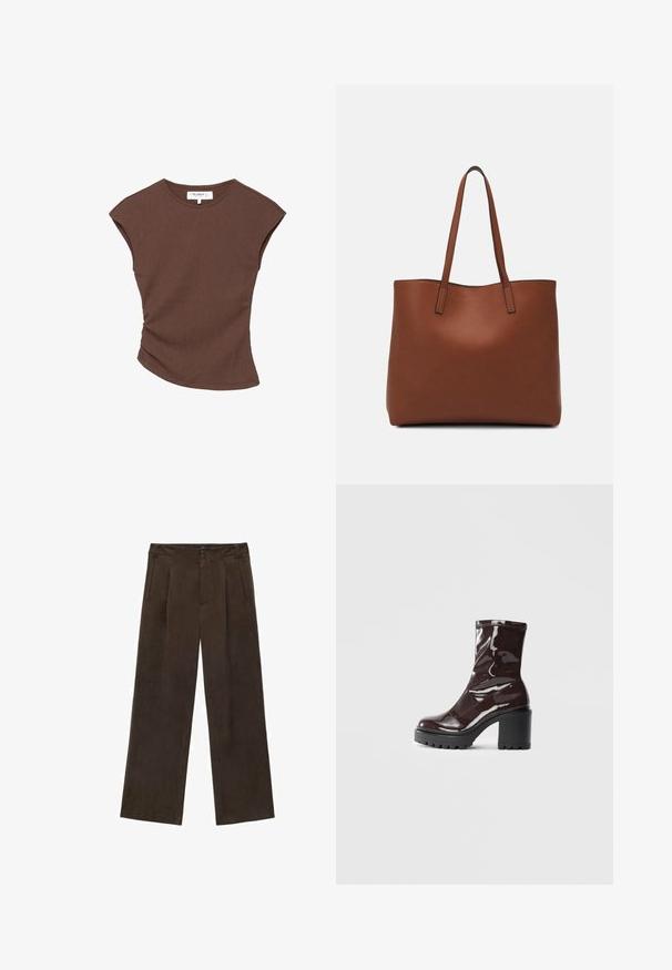 Rjava rebrasta kratka majica s nekoliko ukrivljenim robom. Mehka tekstura in sproščen fit, z okroglo izreznico in minimalnimi šivi.; Brahke široke hlače v rjavi barvi, narejene iz mehkega materiala, z gumbnim pasom, sprednjimi pregibi in stranskimi žepi. Gladka tekstura in strukturirana oblika.; Sijajan škrlatank z bleščečim videzom, z masivnim črnim peto, ki se ponaša z gladko teksturo in preprostim dizajnom. Brez vidnih zapenjal ali vzorcev.; Rjava usnjena torba z gladko teksturo, odprto zasnovo zgoraj in dvema naramnima trakovoma. Opremljena je z minimalnim šivanjem in brez vidnih kovinskih delov.