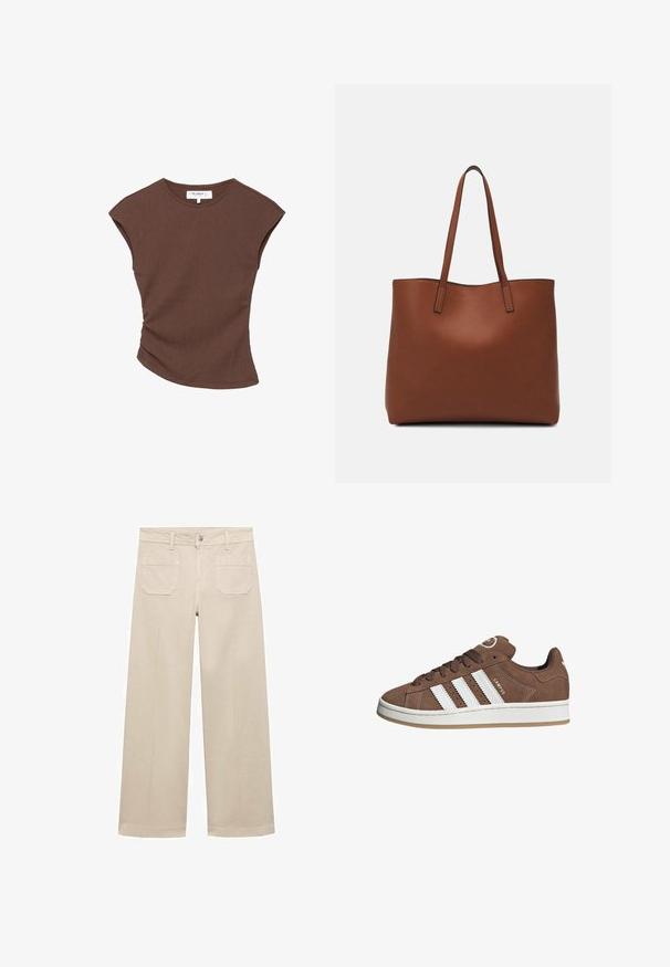 Smeđi rebrasti top kratkih rukava s lagano zakrivljenim rubom. Mekana tekstura i opušteni kroj, s okruglim izrezom i minimalnim šavovima.; Bež hlače širokih nogavica od pamuka. Imaju zip zatvaranje, prednji gumb i dva džepa na stražnjoj strani. Čisti rub bez ukrasa.; Smeđe nubuk tenisice s bijelim kožnim prugama, gumeni potplat, okrugli nos i vezanje sprijeda. Imaju logo na jeziku i perforirane detalje.; Smeđa kožna torba preko ramena s glatkom teksturom, otvorenim vrhom i dvjema naramenicama. Ima minimalne šavove i nema vidljivog hardvera.