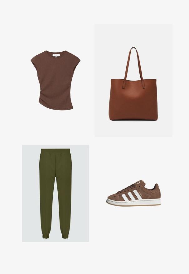 Brown ribbed short-sleeve top with a slightly curved hemline. Soft texture and relaxed fit, featuring a round neckline and minimal seams.; Olive green jogger pants made from smooth fabric, featuring an elastic waistband, tapered cuffs, and side pockets for functionality.; Brown suede sneakers with white leather stripes, rubber sole, rounded toe, and lace-up front. Features a logo on the tongue and perforated accents.; Brown leather tote bag with a smooth texture, open top design, and two shoulder straps. Features minimal stitching and no visible hardware.