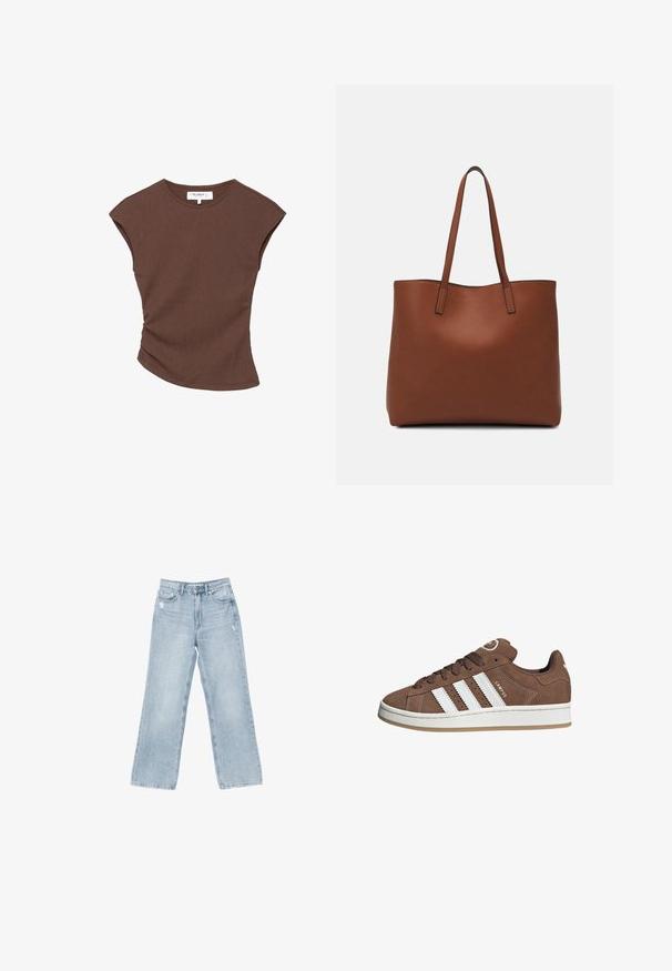 Ruskea ribbipintainen lyhythihainen paita, jossa on hieman kaareva helma. Pehmeä rakenne ja rento istuvuus, jossa on pyöreä pääntie ja vähäiset saumat.; Vaaleansiniset farkut, joissa on leveä lahje, kulutustyyliset yksityiskohdat, viisi taskua ja vetoketjusuljenta.; Valkoiset nahkareunat ja ruskeat samettikankaiset tennarit, joissa on kumipohja, pyöreä kärki ja nauhakiinnitys edessä. Kengissä on logo kielekkeessä ja rei'itettyjä yksityiskohtia.; Ruskea nahkainen olkalaukku, jossa on sileä pinta, avoin yläosa ja kaksi olkahihnaa. Omaavat vain minimaalisen ompelun eikä näkyvää metalliosaa.