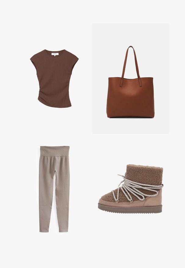 Haut court à manches courtes de couleur marron avec un ourlet légèrement arrondi. Texture douce et coupe décontractée, présentant un col rond et des coutures minimales.; Leggings beige à côtes avec une large ceinture, des jambes fuselées et une texture lisse, conçues pour le confort et la flexibilité.; Bottine chelsea en shearling brun avec un dessus texturé et un panneau en suède lisse contrastant. Présente un laçage large et motif, ainsi qu'une semelle plate.; Sac fourre-tout en cuir marron avec une texture lisse, design à ouverture supérieure et deux poignées pour le porter à l'épaule. Présente des coutures minimales et aucun matériel visible.