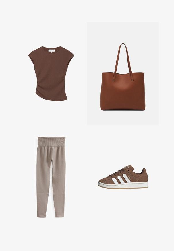 Hnědý žebrovaný top s krátkým rukávem a mírně zakřiveným spodním okrajem. Měkká textura a volný střih, který zahrnuje kulatý výstřih a minimální švy.; Beige žebrované legíny s širokým pasem, zúženými nohavicemi a hladkým povrchem, navržené pro pohodlí a flexibilitu.; Hnědé semišové tenisky s bílými koženými pruhy, gumovou podrážkou, kulatou špičkou a šněrováním vpředu. Mají logo na jazyku a perforované detaily.; Hnědá kožená taška přes rameno s hladkou texturou, otevřeným designem a dvěma ramenními popruhy. Obsahuje minimální švy a žádné viditelné kovové prvky.