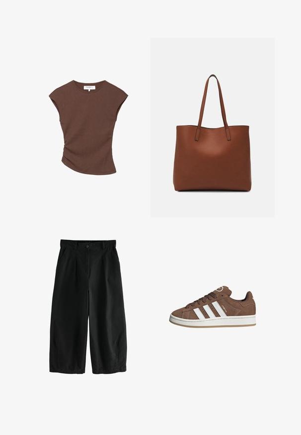 Smeđi rebrasti top kratkih rukava s lagano zakrivljenim rubom. Mekana tekstura i opušteni kroj, s okruglim izrezom i minimalnim šavovima.; Crne široke hlače od pamuka sa zatvaranjem na dugme, prednjim naborkama i bočnim džepovima; glatka tekstura i slobodan kroj.; Smeđe nubuk tenisice s bijelim kožnim prugama, gumeni potplat, okrugli nos i vezanje sprijeda. Imaju logo na jeziku i perforirane detalje.; Smeđa kožna torba preko ramena s glatkom teksturom, otvorenim vrhom i dvjema naramenicama. Ima minimalne šavove i nema vidljivog hardvera.