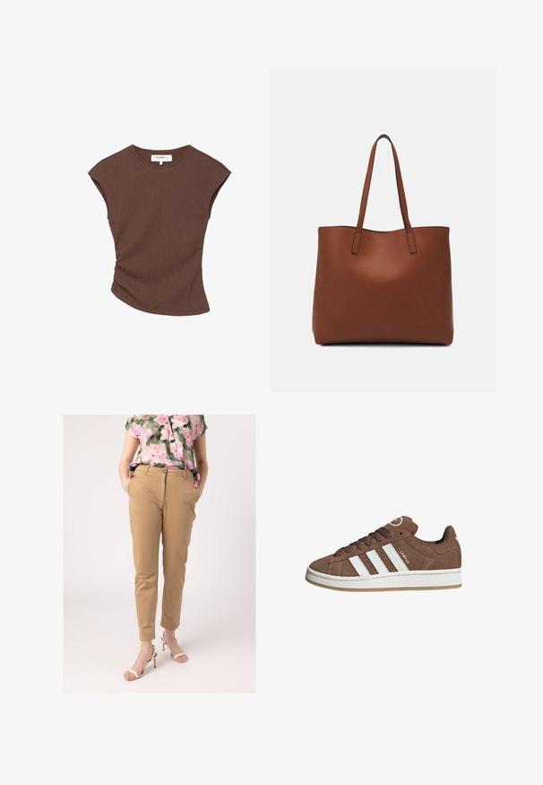 Brązowa krótką rękawą bluzka z prążkowanej tkaniny, z lekko zakrzywionym dołem. Miękka tekstura i luźny krój, z okrągłym dekoltem i minimalną ilością szwów.; Khaki spodnie o slim fit, z zapięciem na guzik i bocznymi kieszeniami, w połączeniu z kwiecistą bluzką i białymi sandałami na obcasie.; Brązowe zamszowe sneakersy z białymi skórzanymi paskami, gumową podeszwą, zaokrąglonym noskiem i sznurowanym przodem. Posiadają logo na języku i perforowane akcenty.; Brązowa skórzana torba tote o gładkiej fakturze, z otwartym wierzchem i dwoma ramiączkami. Charakteryzuje się minimalnym przeszyciem i brakiem widocznych elementów metalowych.