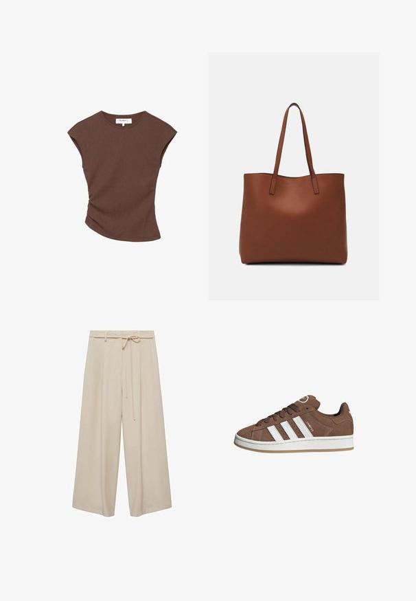 Bruine geribbelde t-shirt met korte mouwen en een licht gebogen zoom. Zachte textuur en een relaxte pasvorm, met een ronde halslijn en minimale naden.; Beige wijde broek van een gladde stof, met een strik taille, plooien en een losse fit voor comfort en gemakkelijke beweging.; Bruine suède sneaker met witte leren strepen, rubberen zool, ronde neus en vetersluiting. Kenmerkt zich door een logo op de tong en geperforeerde accenten.; Bruine leren tote bag met een gladde textuur, een ontwerp met een open bovenkant en twee schouderbanden. Kenmerkt zich door minimale stiksels en geen zichtbare hardware.