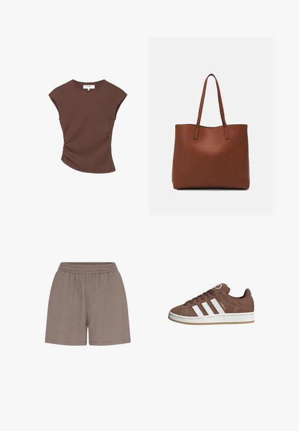 Brązowa krótką rękawą bluzka z prążkowanej tkaniny, z lekko zakrzywionym dołem. Miękka tekstura i luźny krój, z okrągłym dekoltem i minimalną ilością szwów.; Brązowe, teksturowane szorty z elastycznym pasem. Charakteryzują się luźnym krojem i prostą konstrukcją, odpowiednie do codziennego noszenia.; Brązowe zamszowe sneakersy z białymi skórzanymi paskami, gumową podeszwą, zaokrąglonym noskiem i sznurowanym przodem. Posiadają logo na języku i perforowane akcenty.; Brązowa skórzana torba tote o gładkiej fakturze, z otwartym wierzchem i dwoma ramiączkami. Charakteryzuje się minimalnym przeszyciem i brakiem widocznych elementów metalowych.