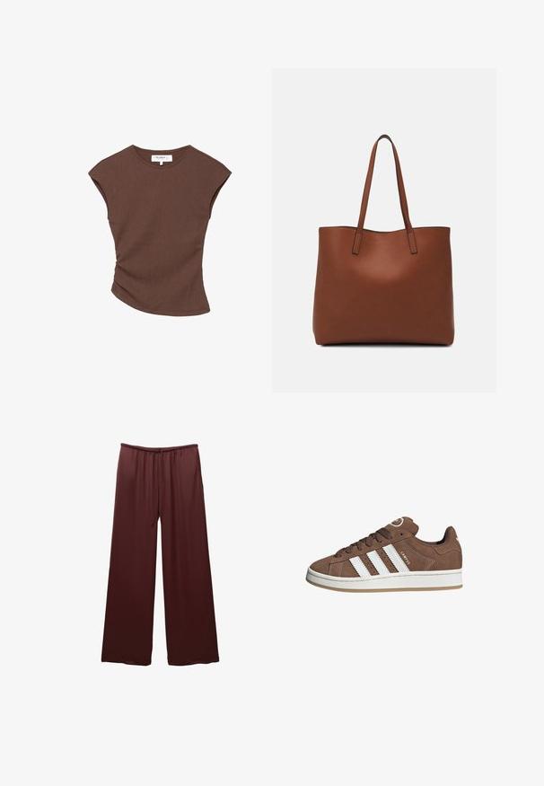 Haut court à manches courtes de couleur marron avec un ourlet légèrement arrondi. Texture douce et coupe décontractée, présentant un col rond et des coutures minimales.; Pantalons larges bordeaux en tissu lisse, dotés d'une taille élastique avec cordon de serrage, conçus pour le confort et une aisance de port.; Baskets en daim marron avec des bandes en cuir blanc, semelle en caoutchouc, bout arrondi et lacets. Comprend un logo sur la languette et des accents perforés.; Sac fourre-tout en cuir marron avec une texture lisse, design à ouverture supérieure et deux poignées pour le porter à l'épaule. Présente des coutures minimales et aucun matériel visible.