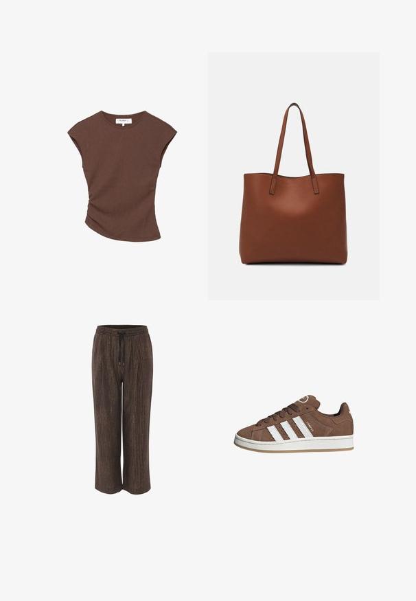 Bruine geribbelde t-shirt met korte mouwen en een licht gebogen zoom. Zachte textuur en een relaxte pasvorm, met een ronde halslijn en minimale naden.; Bruine gemusterde wijde broek met een elastische tailleband en trekkoord. Het materiaal heeft een gestructureerde, geweven uitstraling.; Bruine suède sneaker met witte leren strepen, rubberen zool, ronde neus en vetersluiting. Kenmerkt zich door een logo op de tong en geperforeerde accenten.; Bruine leren tote bag met een gladde textuur, een ontwerp met een open bovenkant en twee schouderbanden. Kenmerkt zich door minimale stiksels en geen zichtbare hardware.