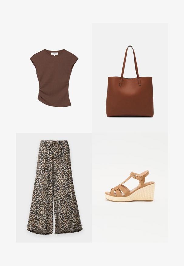 Barna bordázott, rövid ujjú felső enyhén ívelt szegéllyel. Puha tapintású és laza fazonú, kerek nyakkivágással és minimális varrásokkal.; Leopárdmintás, bőszárú nadrág, húzózsinóros derékkal. Könnyű anyagból készült, bézs alapon barna és fekete foltokkal.; Barna wedge szandálok keresztszalagos dizájnnal, állítható bokapánttal és texturált szőtt espadrille stílusú wedge platformmal.; Barna bőr vászontáska sima textúrával, nyitott tetejű dizájnnal és két vállpánttal. Minimális varrással és látható hardver nélkül készült.