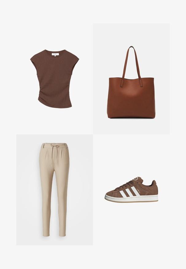 Haut court à manches courtes de couleur marron avec un ourlet légèrement arrondi. Texture douce et coupe décontractée, présentant un col rond et des coutures minimales.; Pantalons rayés beiges avec une taille à cordon, design de jambe fuselée, avant plissé et texture lisse. Des rayures blanches verticales sont mises en avant.; Baskets en daim marron avec des bandes en cuir blanc, semelle en caoutchouc, bout arrondi et lacets. Comprend un logo sur la languette et des accents perforés.; Sac fourre-tout en cuir marron avec une texture lisse, design à ouverture supérieure et deux poignées pour le porter à l'épaule. Présente des coutures minimales et aucun matériel visible.