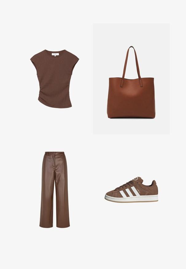Brown ribbed short-sleeve top with a slightly curved hemline. Soft texture and relaxed fit, featuring a round neckline and minimal seams.; Brown faux leather wide-leg trousers with a smooth texture, belt loops, and a front pleat detail at the waistband.; Brown suede sneakers with white leather stripes, rubber sole, rounded toe, and lace-up front. Features a logo on the tongue and perforated accents.; Brown leather tote bag with a smooth texture, open top design, and two shoulder straps. Features minimal stitching and no visible hardware.