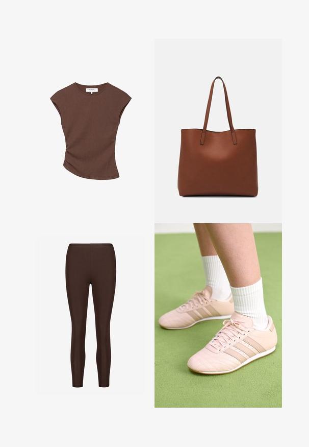 Top corto a maniche corte marrone a coste con orlo leggermente curvato. Texture morbida e vestibilità rilassata, presenta un collo rotondo e cuciture minime.; leggings marroni elasticizzati con una texture liscia, dotati di una vita alta e di un design a gamba affusolata, adatti per l'abbigliamento attivo o casual.; Scarpe da ginnastica rosa chiaro con cuciture diagonali, suole bianche e tre strisce laterali. Indossate con calze bianche a coste su una superficie verde.; Borsa tote in pelle marrone con texture liscia, design con apertura superiore e due spallacci. Presenta cuciture minime e nessun hardware visibile.
