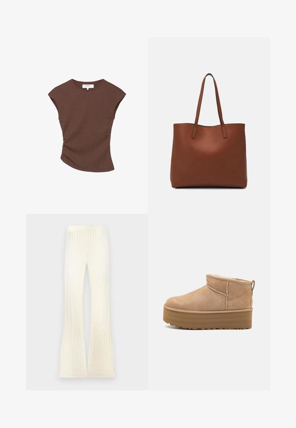 Top scurt cu maneci, de culoare maro, cu o linie a tivului ușor curbată. Textură moale și croi lejer, având un decolteu rotund și cusături minimale.; Pantaloni crem tricotati cu textură împletită, având un design cu picior evazat și fante frontale pentru un aspect modern. Material moale și elastic.; Botine din suede bej, cu interior moale, având o talpă pe platformă și un tab de tragere în spate pentru o purtare ușoară. Talpă exterioară din cauciuc texturat.; Geantă de umăr din piele maro cu o textură netedă, design cu vârf deschis și două curele pentru umăr. Prezintă cusături minime și fără componente metalice vizibile.