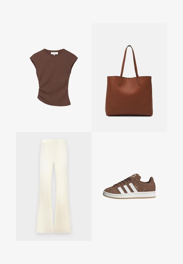 Brun ribbad kortärmad topp med en lätt rundad nederkant. Mjuk textur och avslappnad passform, med rund halsringning och minimala sömmar.; Stickade byxor i gräddvitt med kabelstruktur, utrustade med utsvängda ben och framslitsar för en modern look. Mjukt, elastiskt tyg.; Bruna mockaskor med vita läderremsor, gummisula, rund tå och snörning framtill. Har en logotyp på tungan och perforerade detaljer.; Brun läder tote-väska med en slät textur, öppen toppdesign och två axelremmar. Har minimal söm och ingen synlig metalldetalj.