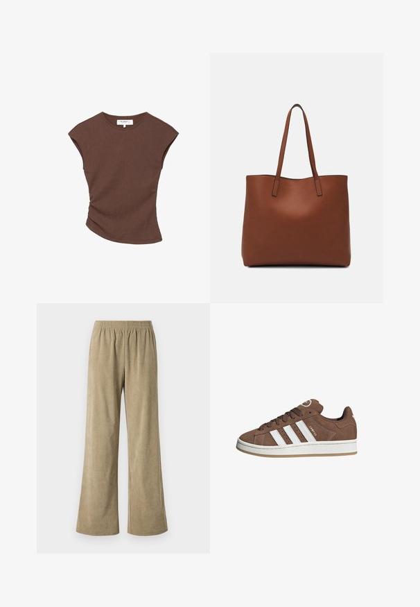 Brown ribbed short-sleeve top with a slightly curved hemline. Soft texture and relaxed fit, featuring a round neckline and minimal seams.; Beige corduroy wide-leg pants with an elastic waistband, featuring vertical ribbed texture and a loose fit. Ideal for casual wear.; Brown suede sneakers with white leather stripes, rubber sole, rounded toe, and lace-up front. Features a logo on the tongue and perforated accents.; Brown leather tote bag with a smooth texture, open top design, and two shoulder straps. Features minimal stitching and no visible hardware.