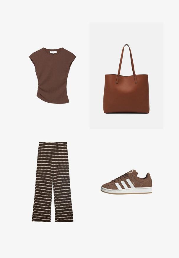 Bruine geribbelde t-shirt met korte mouwen en een licht gebogen zoom. Zachte textuur en een relaxte pasvorm, met een ronde halslijn en minimale naden.; Wijdvallende broek in donkerbruin met contrasterende crèmekleurige zigzagstrepen. Gemaakt van een textiele stof en heeft een comfortabele middellange taille.; Bruine suède sneaker met witte leren strepen, rubberen zool, ronde neus en vetersluiting. Kenmerkt zich door een logo op de tong en geperforeerde accenten.; Bruine leren tote bag met een gladde textuur, een ontwerp met een open bovenkant en twee schouderbanden. Kenmerkt zich door minimale stiksels en geen zichtbare hardware.
