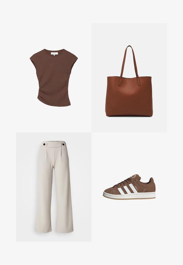 Smeđi rebrasti top kratkih rukava s lagano zakrivljenim rubom. Mekana tekstura i opušteni kroj, s okruglim izrezom i minimalnim šavovima.; Pantalone širokog kroja s nabranim detaljima u svijetlosmeđem materijalu s glatkom teksturom, sakupljenim strukom i dva crna dugmeta na pojasu.; Smeđe nubuk tenisice s bijelim kožnim prugama, gumeni potplat, okrugli nos i vezanje sprijeda. Imaju logo na jeziku i perforirane detalje.; Smeđa kožna torba preko ramena s glatkom teksturom, otvorenim vrhom i dvjema naramenicama. Ima minimalne šavove i nema vidljivog hardvera.