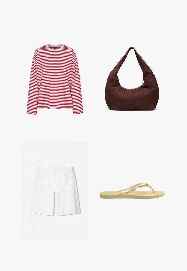 Red and white striped long-sleeve shirt, featuring a crew neckline and relaxed fit. Soft fabric with even stripe pattern.; White denim shorts with a straight-cut design, featuring a high waist, two back pockets, and subtle stitching detail.; Yellow flip-flop with a textured sole, transparent straps featuring pearl and star accents, and a smooth, minimalist design.; Brown suede hobo bag with a curved, wide handle and a large opening. Soft texture with visible stitching detailing along the edges.