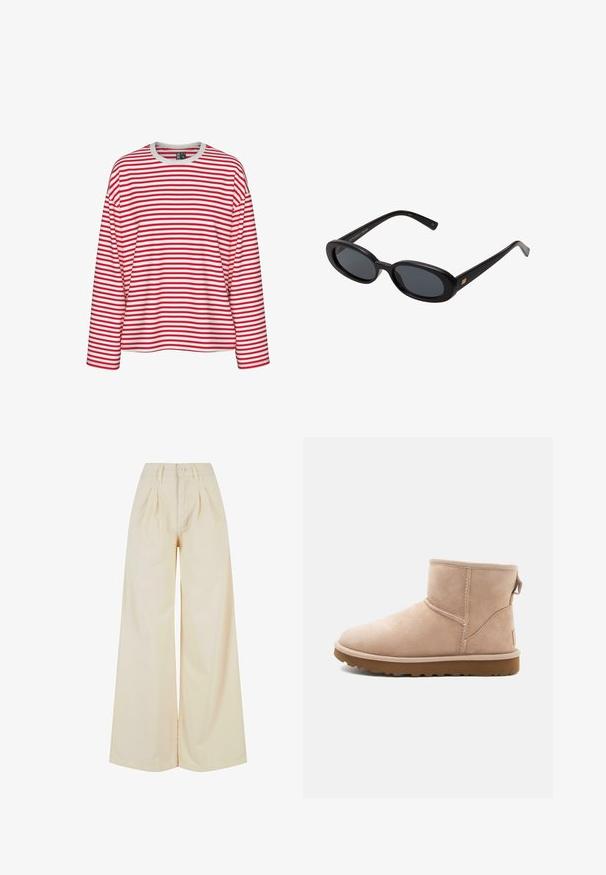 Rød- og hvidstribet langærmet skjorte med rund halsudskæring og afslappet pasform. Blødt stof med ensartet stribemønster.; Beige vidde bukser med høj talje, der har en knaplukning og plissee detaljer. Glat stof med en blød tekstur.; Beige ruskindsankelstøvle med rund tå, synlige sting og en tekstureret brun gummisål. Har en træksløjfe på bagsiden.; Store store