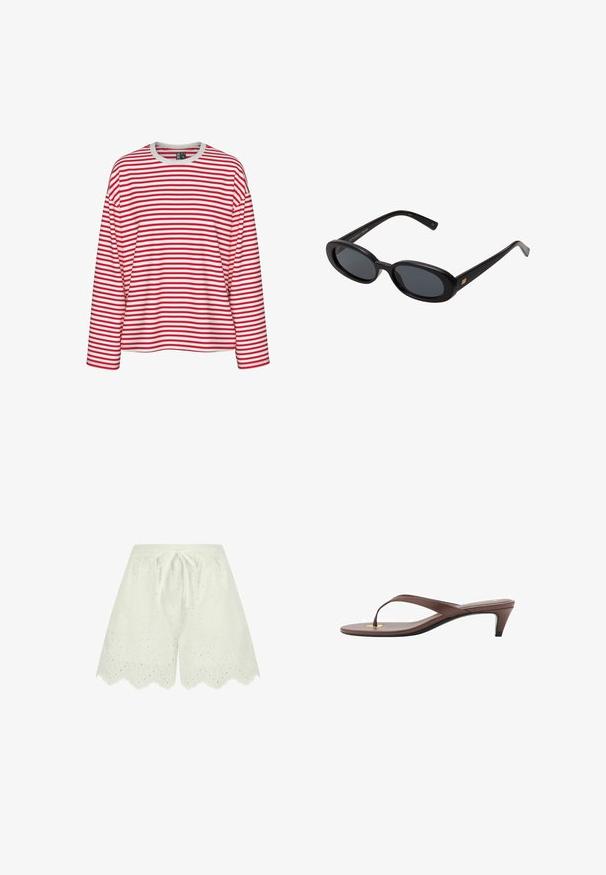 Chemise à rayures rouges et blanches à manches longues, avec un col rond et une coupe décontractée. Tissu doux avec un motif de rayures uniforme.; Shorts blancs en tissu texturé avec broderie à œillets. Dotés d'une taille à cordon de serrage et d'un ourlet en forme de vague.; Sandale à talons brune avec une fine lanière et un entre-doigts arrondi, arborant un petit accent doré sur le semelage.; Lunettes de soleil noires surdimensionnées avec des verres ovoïdes, monture en plastique lisse et accents dorés sur les tempes. Les verres sombres offrent une protection contre le soleil.