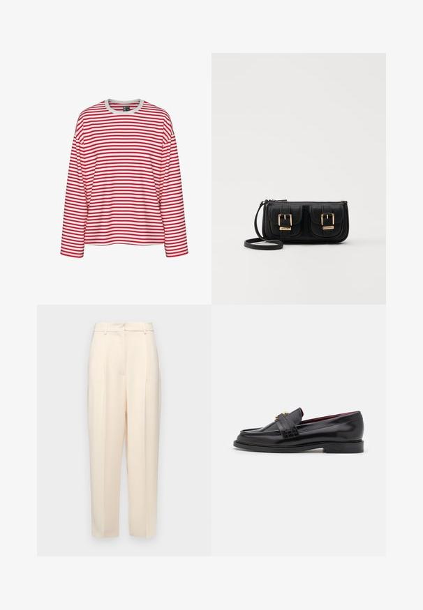 Chemise à rayures rouges et blanches à manches longues, avec un col rond et une coupe décontractée. Tissu doux avec un motif de rayures uniforme.; Pantalons beiges ajustés à coupe droite, avec des plis à l'avant, une texture lisse et une taille mi-haute. Pas de poches visibles.; Mocassins en cuir noir avec un motif cousu, texture lisse, détail de boucle dorée et bout arrondi, posés sur une semelle noire basse.; Sac en cuir noir porté en travers avec deux poches avant, boucles dorées, fermeture zippée et une sangle fine. Surface texturée et forme rectangulaire compacte.