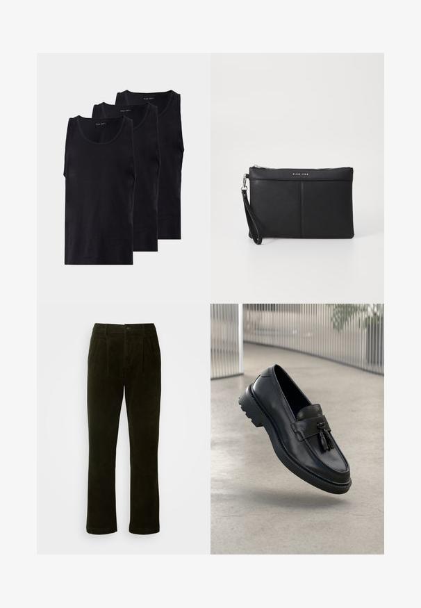 Mustaline mustad puuvillased tank topid kolmes pakis, ümmarguse kaeluse ja varrukateta disainiga, sileda tekstuuri ja klassikalise lõikega.; Tumed rohelised korduroy püksid otse jalaga, millel on ees voldid, nööpkinnitus ja pehme tekstuuriga viimistlus.; Mustad nahast mokassiinid, millel on sile viimistlus, dekoratiivne tutt, paks kummist tald ja õmmeldud detailid. Kerge ja voolujooneline disain.; Must musta klamber, millel on luku sulgemine, randme rihm ja sile tekstuur. Omab peent õmblust ja esiküljel on reljeefne logo.