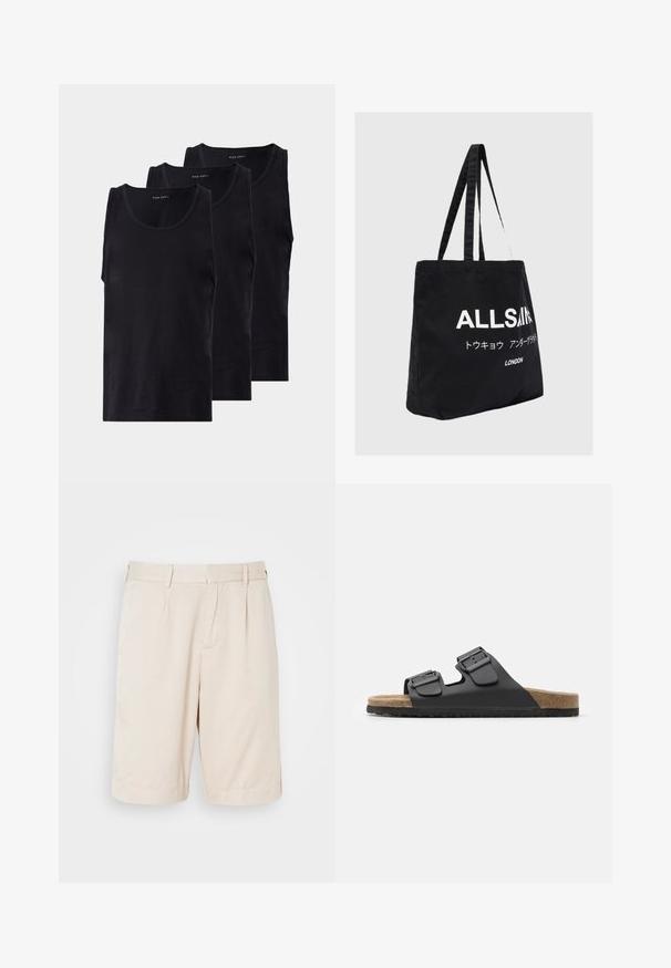 Black cotton tank tops in a pack of three, featuring a round neckline and sleeveless design, smooth texture, and a classic fit.; Beige, pleated shorts made of smooth fabric, featuring side pockets and a straight cut, suitable for casual wear.; Black slide sandal with two adjustable buckles, textured footbed, and cork-like sole. Features a flat, wide design for comfort.; Black canvas tote bag with two long handles, featuring white text "ALLSAINTS" and additional characters in a modern font.