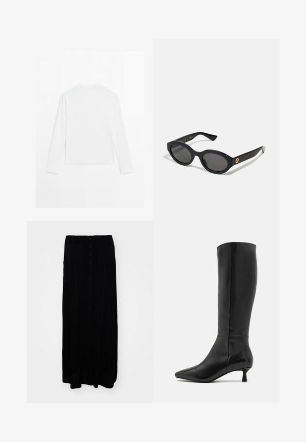 Hladká bílá dlouhá košile s dlouhým rukávem, kulatým výstřihem, zobrazená zezadu, ležící na bílém pozadí.; Černá pletená dlouhá sukně s předním zapínáním na knoflíky, dvěma předními kapsami, texturovanou tkaninou a rovnou siluetou.; Zign Vysoká obuv - black; Černé oválné sluneční brýle s tmavými skly a lesklým plastovým rámem. Obsahují zlaté logo na straně, které poskytuje elegantní a moderní design.
