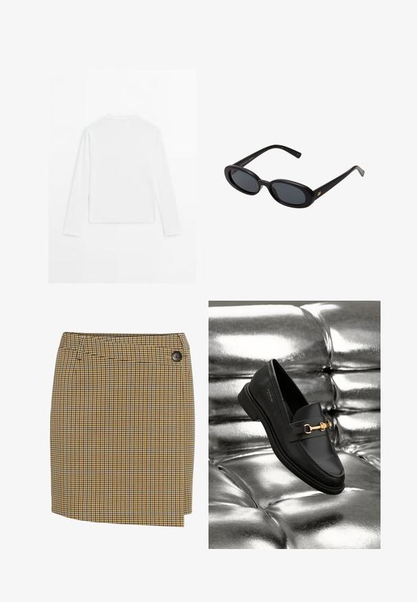 Plain white long-sleeve shirt, crew neck, shown from the back, laid flat on a white background.; Brown and yellow plaid skirt with blue accents. Features a straight cut, side button closure, and smooth textured fabric.; Black leather loafer with a gold-tone hardware detail. The shoe features a sleek design and a smooth, shiny texture.; Black oversized sunglasses with oval lenses, smooth plastic frame, and gold accents on temple. Dark lenses provide sun protection.