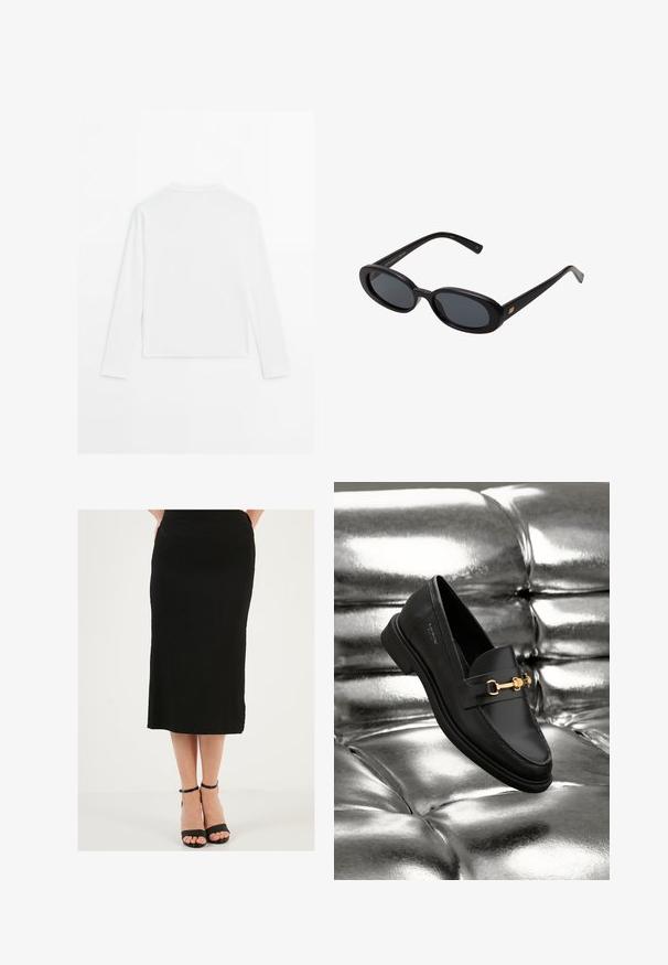 Effen witte langslopende shirt met lange mouwen, ronde hals, van achteren weergegeven, plat gelegd op een witte achtergrond.; Zwarte midi-rok gemaakt van textiel met een soepele tailleband. Gecombineerd met zwarte strappy hakken met een dunne enkelband.; Zwarte leren instapper met een goudkleurig hardware-detail. De schoen heeft een strak ontwerp en een gladde, glanzende textuur.; Zwarte oversized zonnebril met ovale lenzen, een glad plastic montuur en gouden accenten op de pootjes. Donkere lenzen bieden bescherming tegen de zon.
