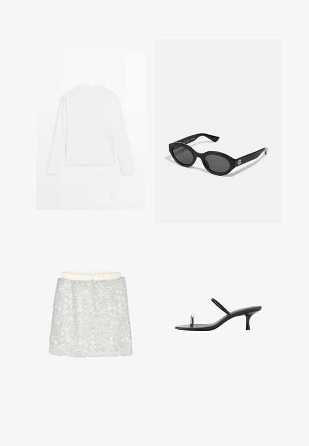 Effen witte langslopende shirt met lange mouwen, ronde hals, van achteren weergegeven, plat gelegd op een witte achtergrond.; Witte rok met een getextureerde zilveren bloemenkant overlay, met een elastische tailleband en een uitlopend model, die intrigerende details in het ontwerp toont.; Zwarte hoge sandaal met een slank ontwerp, voorzien van dunne banden en een unieke frontaccent. Glad textuur met een spitse neus en een hak van 7,5 cm.; Zwarte ovale zonnebril met donkere glazen en een glanzend kunststof frame. Heeft een gouden logo op de poot, dat een strakke en moderne uitstraling biedt.; Zwarte geweven tote bag met dubbele handvatten en een afneembare schouderriem. Heeft een open bovenkant en een gestructureerd, lichtgewicht materiaal.