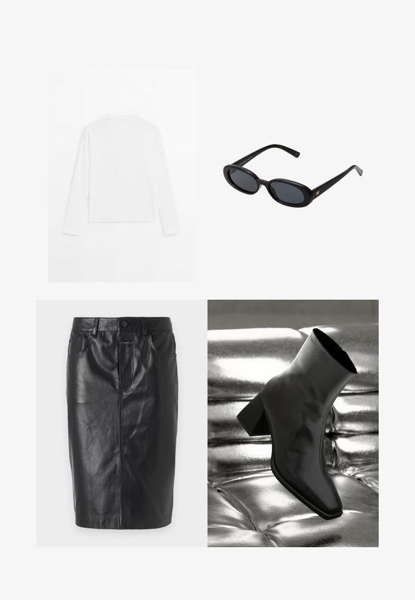 Hladká bílá dlouhá košile s dlouhým rukávem, kulatým výstřihem, zobrazená zezadu, ležící na bílém pozadí.; Černá kožená sukně s přiléhavým střihem, střední délkou, předním zipem a dvěma kapsami. Hladká textura s viditelnými švy.; Černá kotníková bota vyrobená z lesklého materiálu se čtveratou špičkou a zúženým podpatkem, umístěná na lesklém stříbrném prošívaném pozadí.; Černé oversized sluneční brýle s oválnými čočkami, hladkým plastovým rámem a zlatými akcenty na spáncích. Tmavé čočky poskytují ochranu před sluncem.