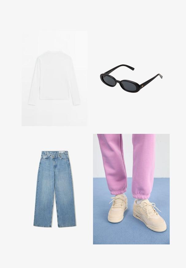 Gładka, biała, długosleeve koszula, okrągły dekolt, pokazana od tyłu, leżąca na białym tle.; Jasnoniebieskie dżinsy w szerokim kroju, wykonane z denimu, z podwyższonym stanem, pięcioma kieszeniami, zapięciem na guzik i subtelnym wyblaknięciem dla uzyskania tekstury.; Beżowe sneakersy z teksturowaną cholewką, wyściółką na języku i sznurowanym zapięciem, w zestawie z dopasowanymi różowymi dresami z prążkowanymi mankietami.; Czarne, oversize okulary przeciwsłoneczne z owalnymi soczewkami, gładkim plastikowym mostkiem i złotymi akcentami na zausznikach. Ciemne soczewki zapewniają ochronę przed słońcem.; Miękka, brązowa torebka w stylu hobo z jedną szeroką rączką i wyprofilowanym otwarciem, wyeksponowana na białym tle.