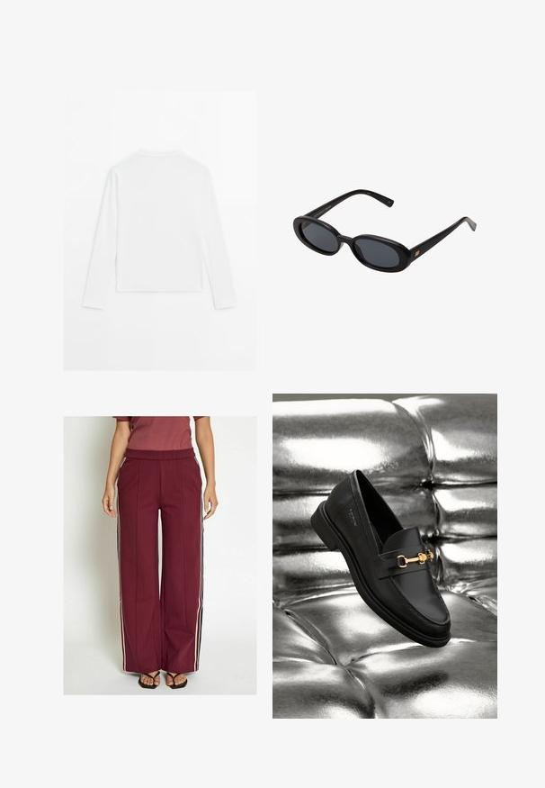 Hladká bílá dlouhá košile s dlouhým rukávem, kulatým výstřihem, zobrazená zezadu, ležící na bílém pozadí.; Burgundské kalhoty s širokými nohavicemi a bočními pruhy v krémové a námořnické barvě, s přiléhavým pasem a hladkou texturou látky.; Černé kožené loafery s detaily zlatého kovu. Obuv má elegantní design a hladký, lesklý povrch.; Černé oversized sluneční brýle s oválnými čočkami, hladkým plastovým rámem a zlatými akcenty na spáncích. Tmavé čočky poskytují ochranu před sluncem.; Měkká hnědá kabelka ve stylu hobo s jedním širokým popruhem a zakřiveným horním otvorem, vystavená na bílém pozadí.