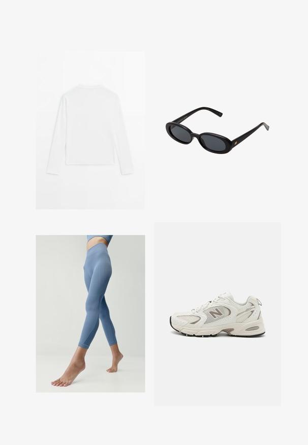 Hladká bílá dlouhá košile s dlouhým rukávem, kulatým výstřihem, zobrazená zezadu, ležící na bílém pozadí.; Modré legíny až po kotníky vyrobené z elastického materiálu, s jemnými švy a přiléhavým pasem, nošeny bosýma nohama na světlém pozadí.; Bílé běžecké boty z síťoviny se šedými akcenty, kulatou špičkou, šněrovacím designem, polstrovanou podrážkou a výrazným logem "N" po straně.; Černé oversized sluneční brýle s oválnými čočkami, hladkým plastovým rámem a zlatými akcenty na spáncích. Tmavé čočky poskytují ochranu před sluncem.
