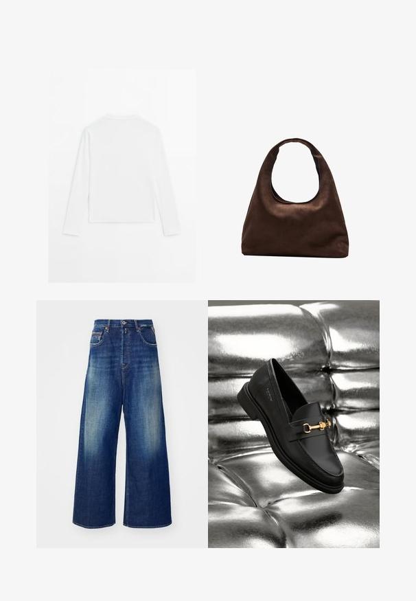 En enkel vit långärmad skjorta med rund hals, visad bakifrån, liggande platt på en vit bakgrund.; Bredbenta denimjeans i mörkblått med ljus blekning, fem fickor och kontrasterande sömmar. Knappar och dragkedja fram.; Svart läderloafer med detaljer i guldfärg. Skon har en slank design och en jämn, blank yta.; Mjuk brun hobo-väskastil med ett brett axelband och en rundad öppning upptill, visad på en vit bakgrund.