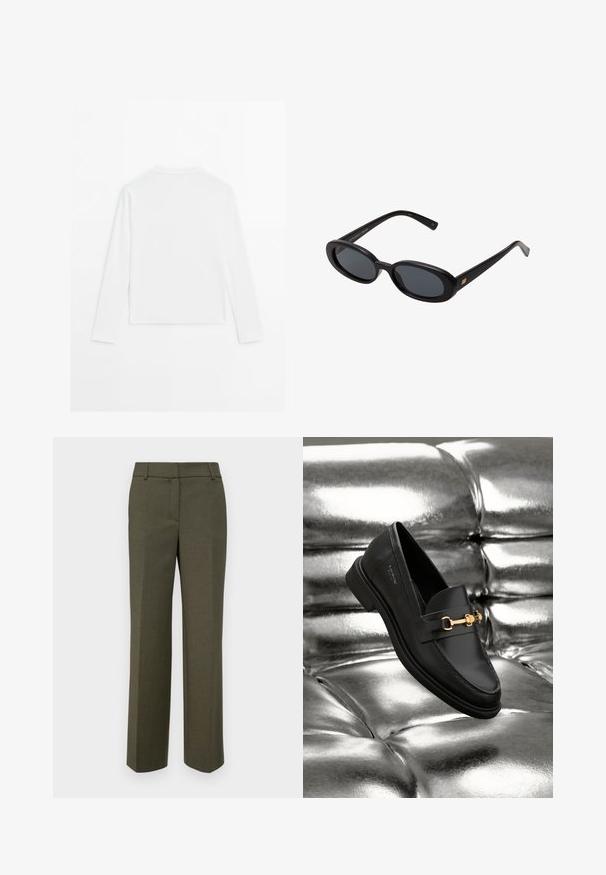 Maglietta bianca a maniche lunghe, con scollo rotondo, vista da dietro, posata piatta su uno sfondo bianco.; Pantaloni su misura verde oliva realizzati in tessuto testurizzato. Presentano un design a gamba dritta con una parte anteriore piatta e senza decorazioni visibili.; Mocassino in pelle nera con dettagli in metallo dorato. La scarpa presenta un design elegante e una texture liscia e lucida.; Occhiali da sole neri oversize con lenti ovali, montatura in plastica liscia e accenti dorati sulle tempie. Le lenti scure offrono protezione dal sole.
