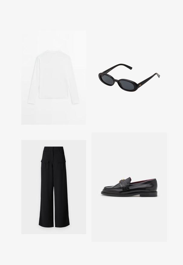 Hladká bílá dlouhá košile s dlouhým rukávem, kulatým výstřihem, zobrazená zezadu, ležící na bílém pozadí.; Černé široké nohavice typu cargo s hladkým povrchem, obsahující dvě přední kapsy a dvě velké boční kapsy.; Černé kožené mokasíny se šitým vzorem, hladkým povrchem, zlatou sponou a zakulacenou špičkou, umístěné na nízké černé podrážce.; Černé oversized sluneční brýle s oválnými čočkami, hladkým plastovým rámem a zlatými akcenty na spáncích. Tmavé čočky poskytují ochranu před sluncem.; Černá kožená kabelka ve tvaru vědra s texturovaným povrchem, zlatými kovovými akcenty a otevřeným vrchem. Obsahuje krátkou rukojeť a nastavitelný ramenní popruh.
