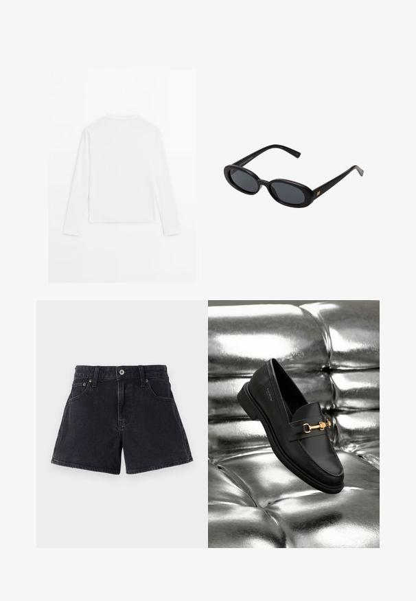 Chemise blanche à manches longues, col rond, vue de dos, posée à plat sur un fond blanc.; Shorts en denim noir avec une coupe classique, cinq poches, fermeture à bouton en métal et coutures ton sur ton. Le tissu a une finition légèrement texturée.; Mocassin en cuir noir avec un détail en métal doré. La chaussure présente un design épuré et une texture lisse et brillante.; Lunettes de soleil noires surdimensionnées avec des verres ovoïdes, monture en plastique lisse et accents dorés sur les tempes. Les verres sombres offrent une protection contre le soleil.; Sac à main en toile marron doux de style hobo avec une large sangle unique et une ouverture en haut arrondie, présenté sur un fond blanc.