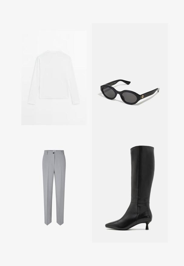 Effen witte langslopende shirt met lange mouwen, ronde hals, van achteren weergegeven, plat gelegd op een witte achtergrond.; Grijze op maat gemaakte broek met een rechte pijp, gemaakt van een gladde stof. Voorzien van een knoopsluiting aan de voorkant en twee voorzakken.; Zign Laarzen - black; Zwarte ovale zonnebril met donkere glazen en een glanzend kunststof frame. Heeft een gouden logo op de poot, dat een strakke en moderne uitstraling biedt.; Zwarte leren schoudertas met een gladde textuur, voorzien van een dunne, lange schouderband en een subtiele stiknaad in het midden.